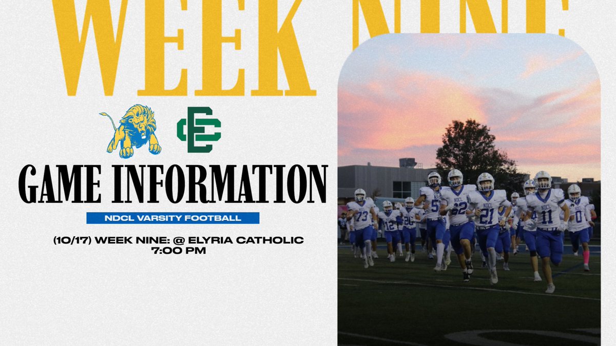 The Lions look to bounce back in week 9 as they travel to Elyria Catholic to face the Panthers! Kickoff is set for 7:00 PM in Dan Reaser Stadium. For game details and ticket information, visit our athletics website at ndclathletics.org. Go Lions!  
#WeAreNDCL