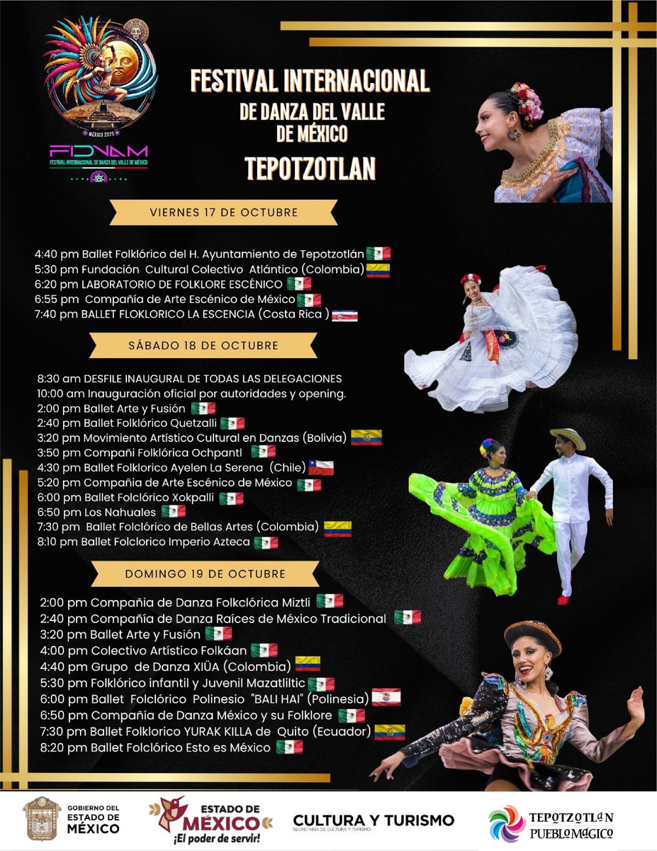Te compartimos el Programa del  Primer Festival Internacional de Danza del Valle de México que se llevará a cabo en #Tepotzotlán #Pueblo Mágico
Te esperamos del 17 al 19 de Octubre.
¡No te lo puedes perder!
