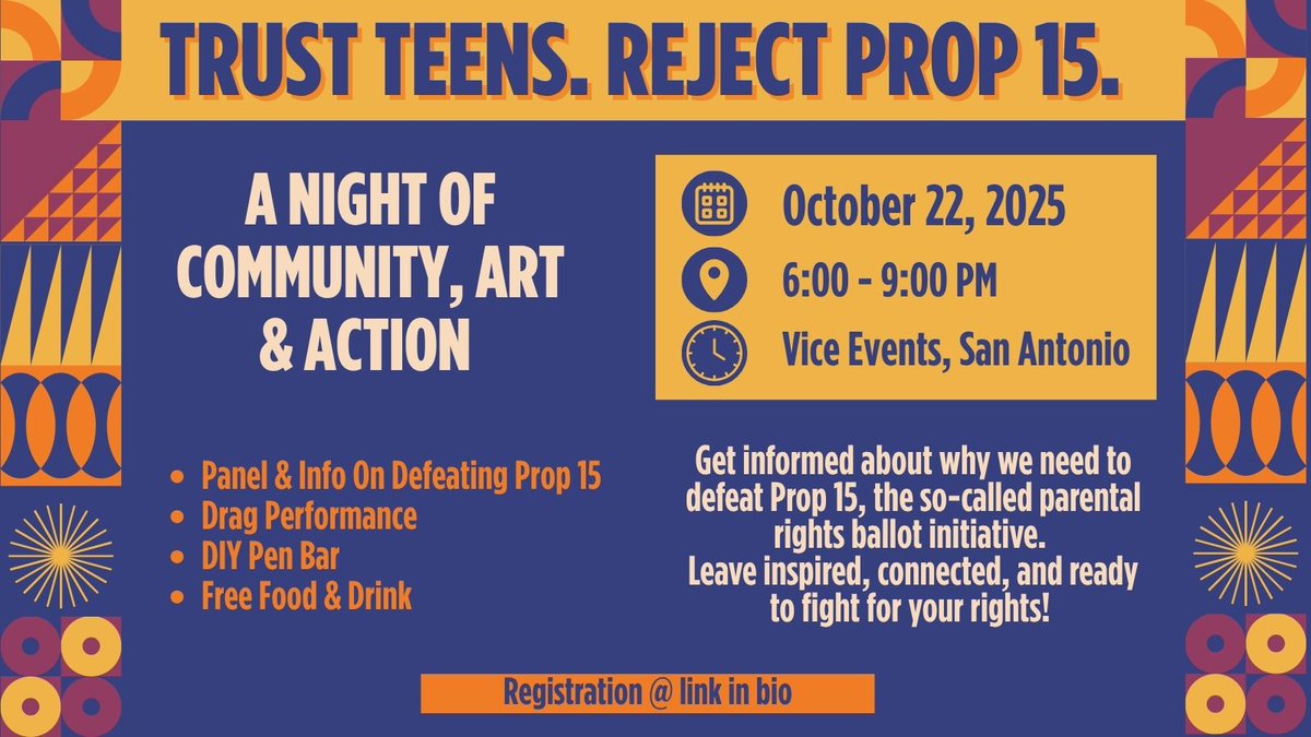 San Antonio - Join us Oct 22 (6–9 PM)for a night of art, action + community! 
❌ Learn how to defeat Prop 15
🎨 DIY pen bar @whattheduck.experiences
💃 Drag by @brigittebandit 
🍴 Free food + drinks

Register  zurl.co/p7vFX  

#NoOnProp15 #JanesDueProcess #Texas