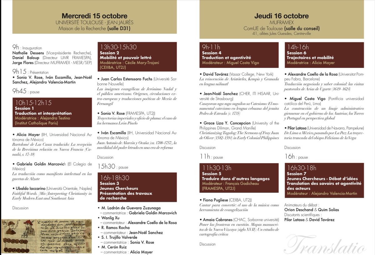 Ya inicia el coloquio y escuela doctoral “Translatio: Adaptaciones, transformaciones y traducciones en las Américas y Asia, s.XVII-XVIII”, organizado por Sonia Rose (U Toulouse), con el apoyo de Iván Escamilla (UNAM) y Jean-Noël Sanchez (U Strasbourg). ¡Nos vemos en Toulouse!