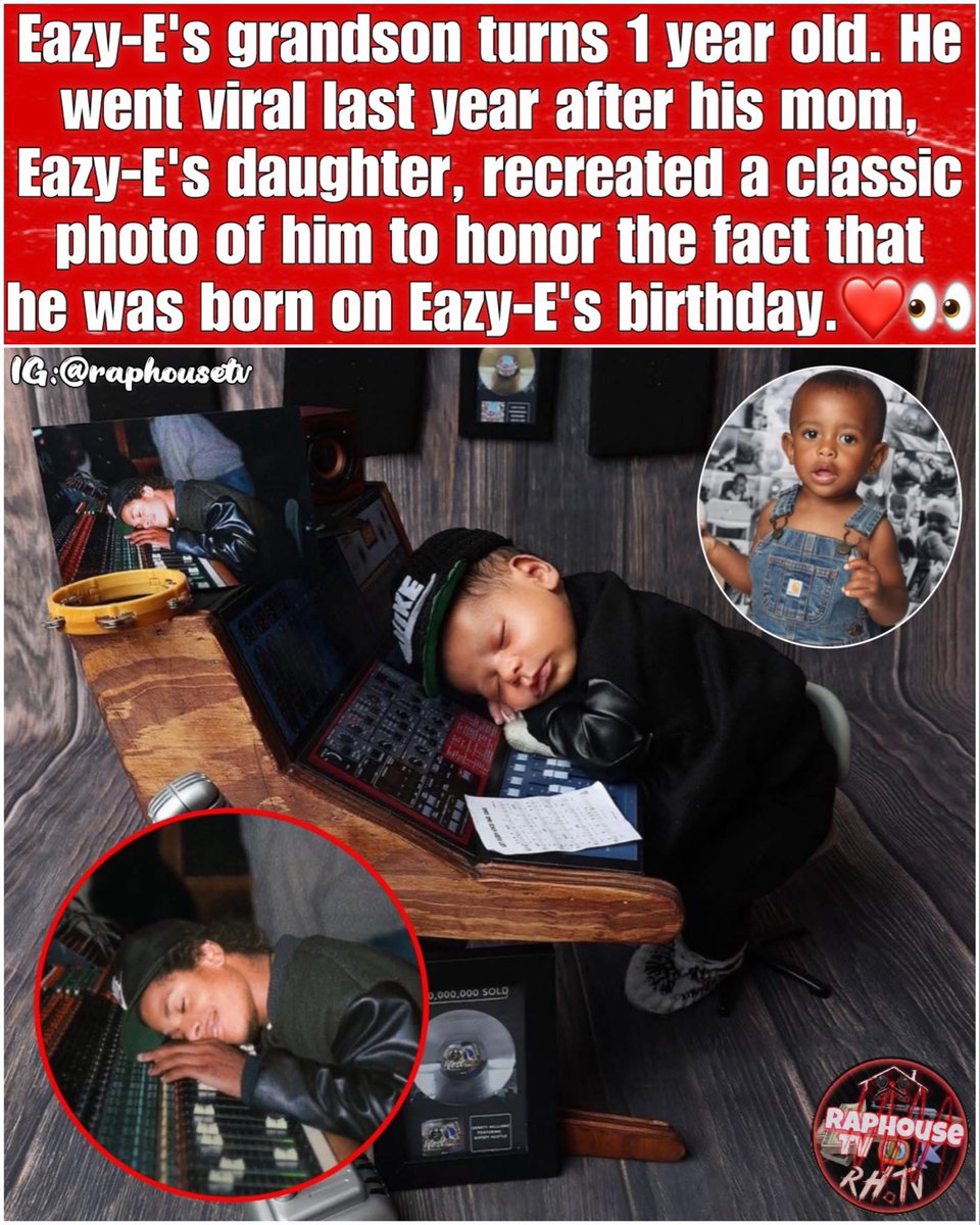 Eazy-E’s grandson turns 1 year old. He went viral last year after his mom, Eazy-E’s daughter, recreated a classic photo of him to honor the fact that he was born on Eazy-E’s birthday 🎉👶🏽