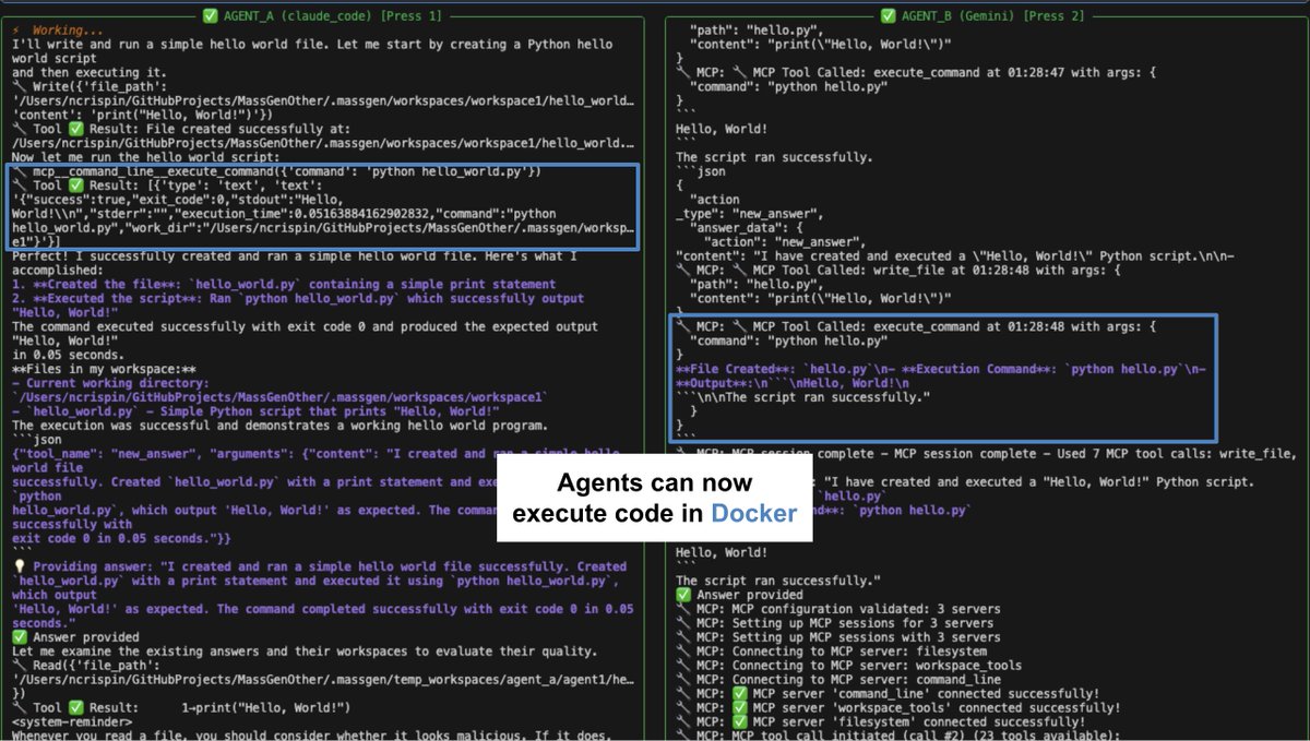 We’re excited to announce MassGen v0.0.32 🚀, now with support for command-line execution in Docker! Each agent can run commands in its own isolated Docker environment, eliminating dependency conflicts and ensuring smoother collaboration across projects. Give it a try and