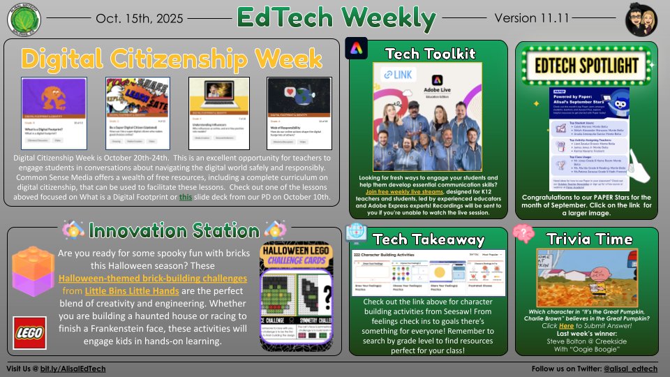 Time for this week's EdTech treats! 🍂🍬 Get ready for Digital Citizenship Week starting Monday! ✅💻 Explore Adobe Express live streams, spooky LEGO challenges, and Seesaw character lessons. Congrats to our PAPER Stars! ✨#AlisalStrong #AlisalFuerte

bit.ly/AlisalWeekly
