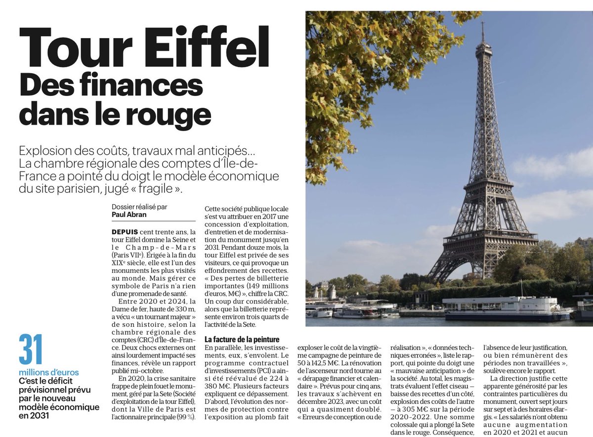 DuprDominique2's tweet image. 🔥Explosion des coûts, travaux mal anticipés, la Chambre régionale des comptes d’Ile-de-France pointe du doigt le modèle économique (ville de #Paris) du site de la #TourEiffel, jugé fragile. Nous alertions dans notre tribune publiée en 2024 par @Le_Figaro et toujours d’actualité.