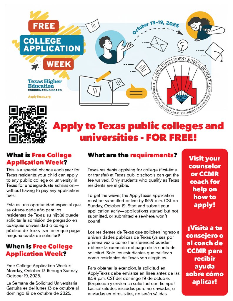 JCECHSRedWolves's tweet image. 🎓 Free College Application Week is here! From October 13–19, 2025, Texas students can apply to any public college or university in Texas — for FREE! 💸