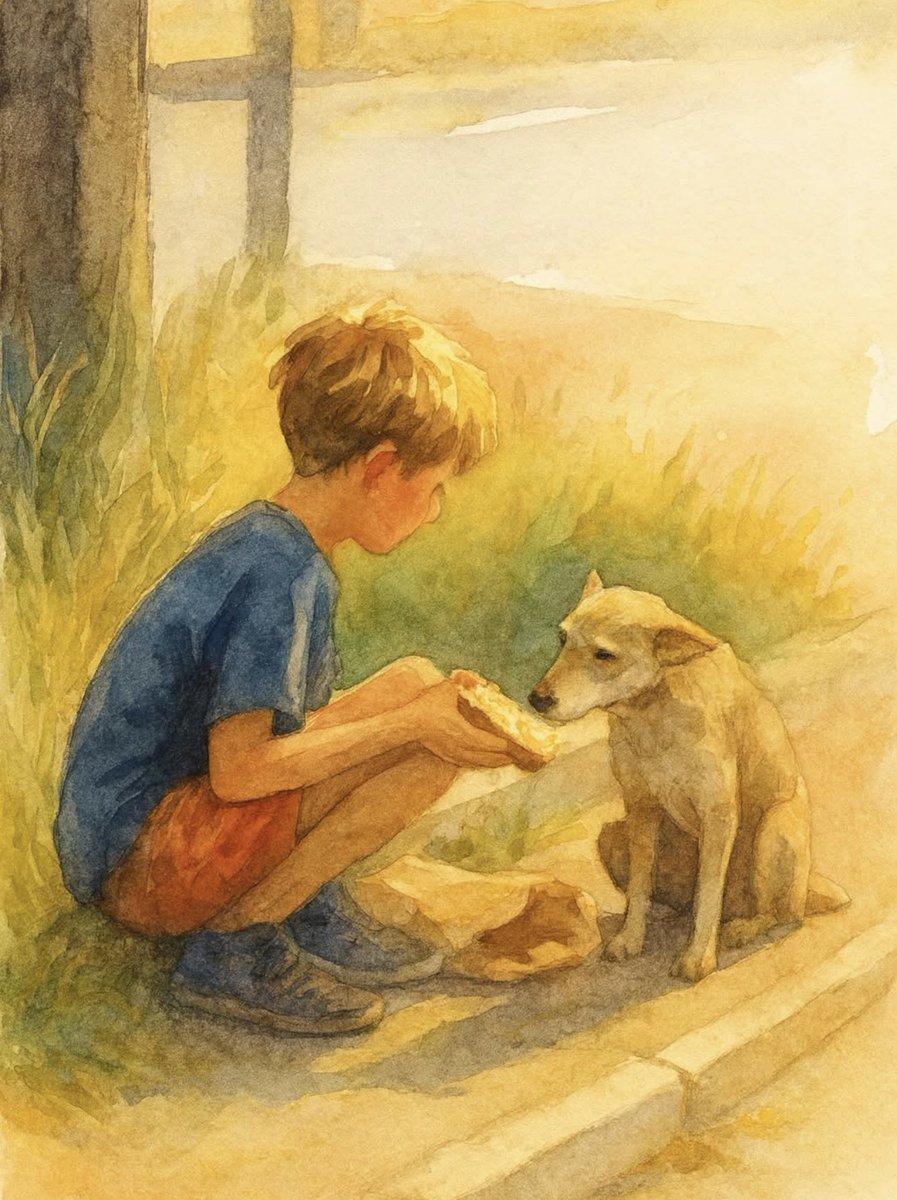 Il avait encore de la confiture sur les doigts lorsqu'il l'a vu. 
Un chien maigre, les yeux baissés, comme si demander était déjà trop. Le garçon s'est assis sur le trottoir et a partagé son sandwich. 
Le chien n'est  pas venu tout de suite : trois pas en avant, un en arrière.