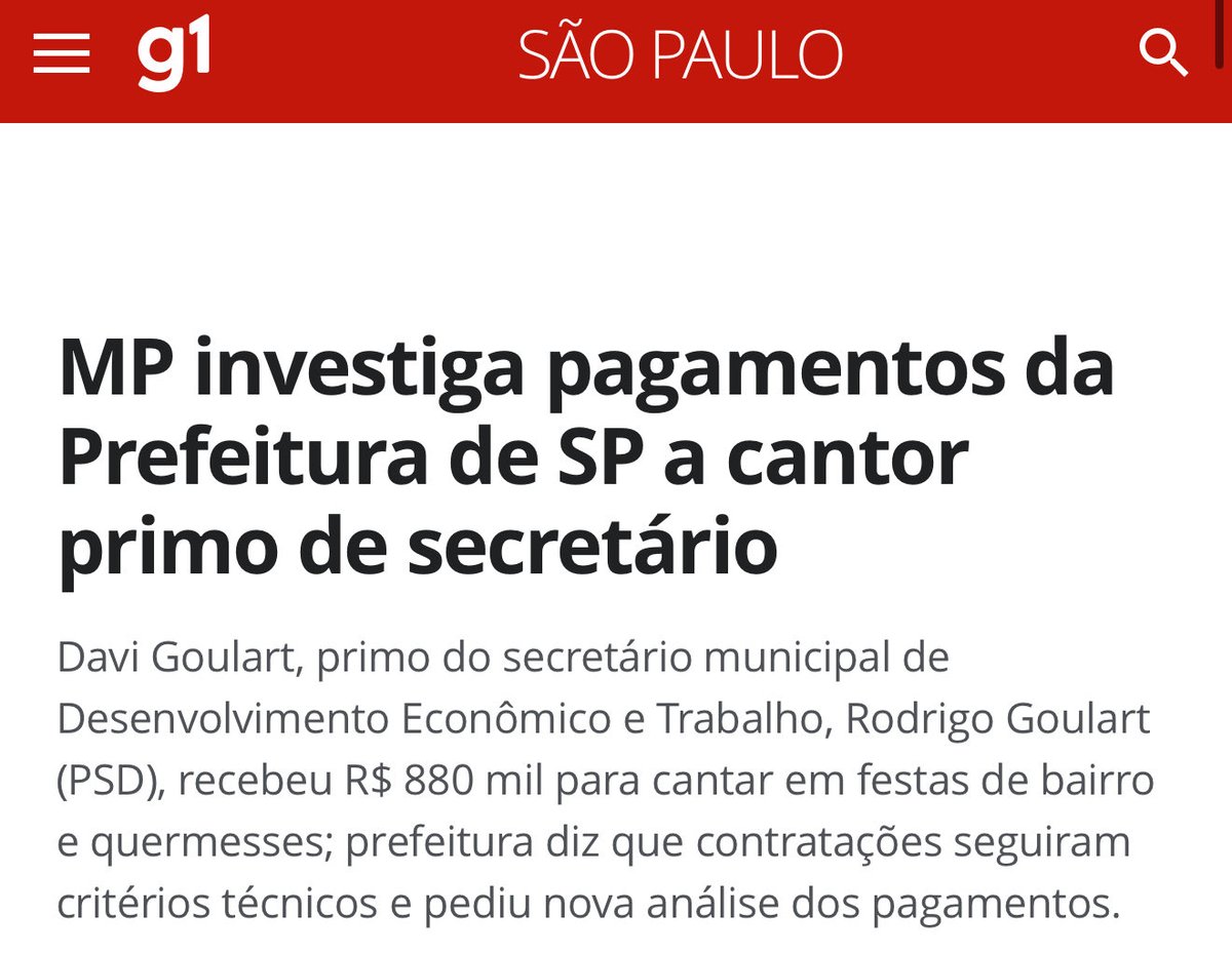 💸 800 MIL REAIS… Esse foi o valor que a Prefeitura de São Paulo gastou com a contratação de Davi Goulart para cantar em festas e quermesses de bairro.

🤔 Acontece que Davi Goulart é PRIMO de Rodrigo Goulart que, por acaso, é secretário de Desenvolvimento Econômico e Trabalho