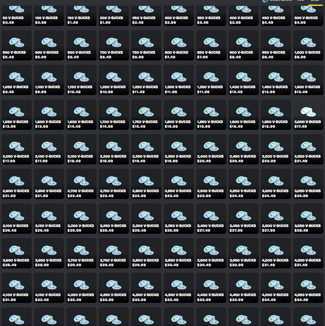FNGGUpdates's tweet photo. New feature now on https://t.co/ksc7Orl6hB

A vbucks tab in the store with links so you can buy any amount of vbucks you want from 50 to 5000 vbucks (and 13500 vbucks)

Check it out here: https://t.co/zMXyC7Nnzl https://t.co/p5hoUZSyDz