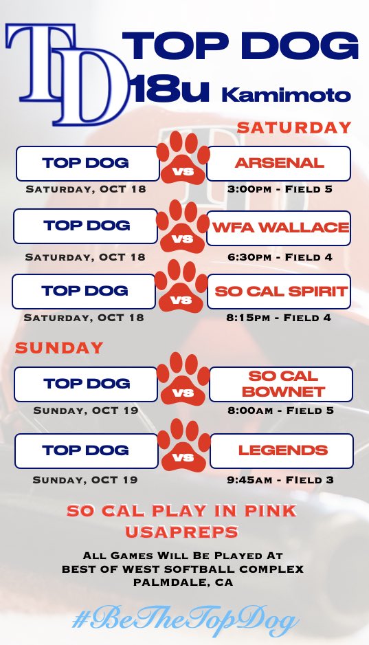 Top Dog 18u - Kamimoto
Heads out to Palmdale this weekend for <a href="/USAPreps/">USA Preps</a> So Cal Play In Pink

Coaches View our uncommitted kids below 
topdogathletics.org/recruitingcent…

#BeTheTopDog