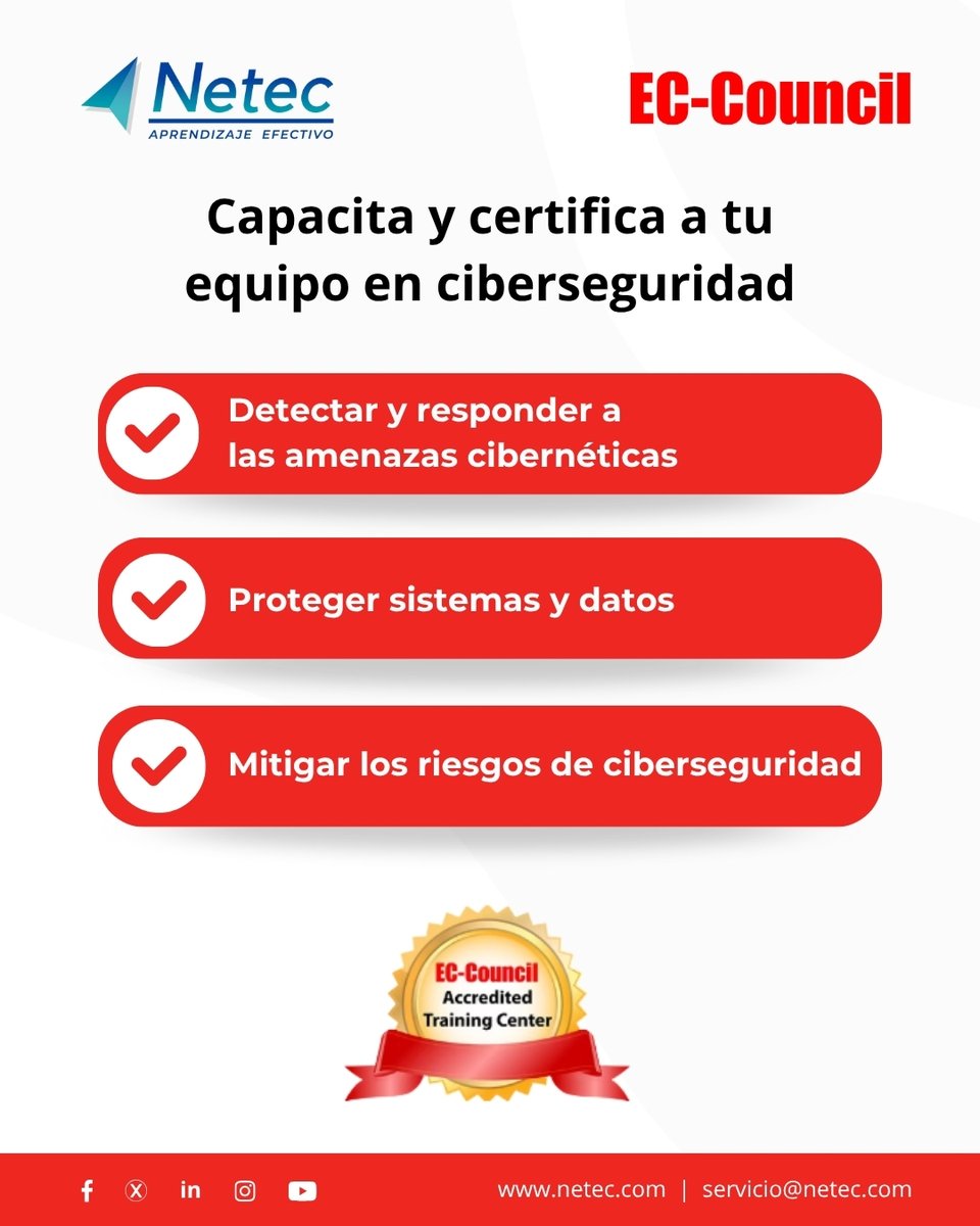 netec's tweet image. 🔒 Capacita a tus equipos en ciberseguridad con #EC-Council, estándar global en formación especializada.
Conoce más➡️ hubs.la/Q03NyHp30
Fortalece la protección de datos y anticipa ciberataques con programas diseñados para desarrollar habilidades clave..
#NetecConecta
