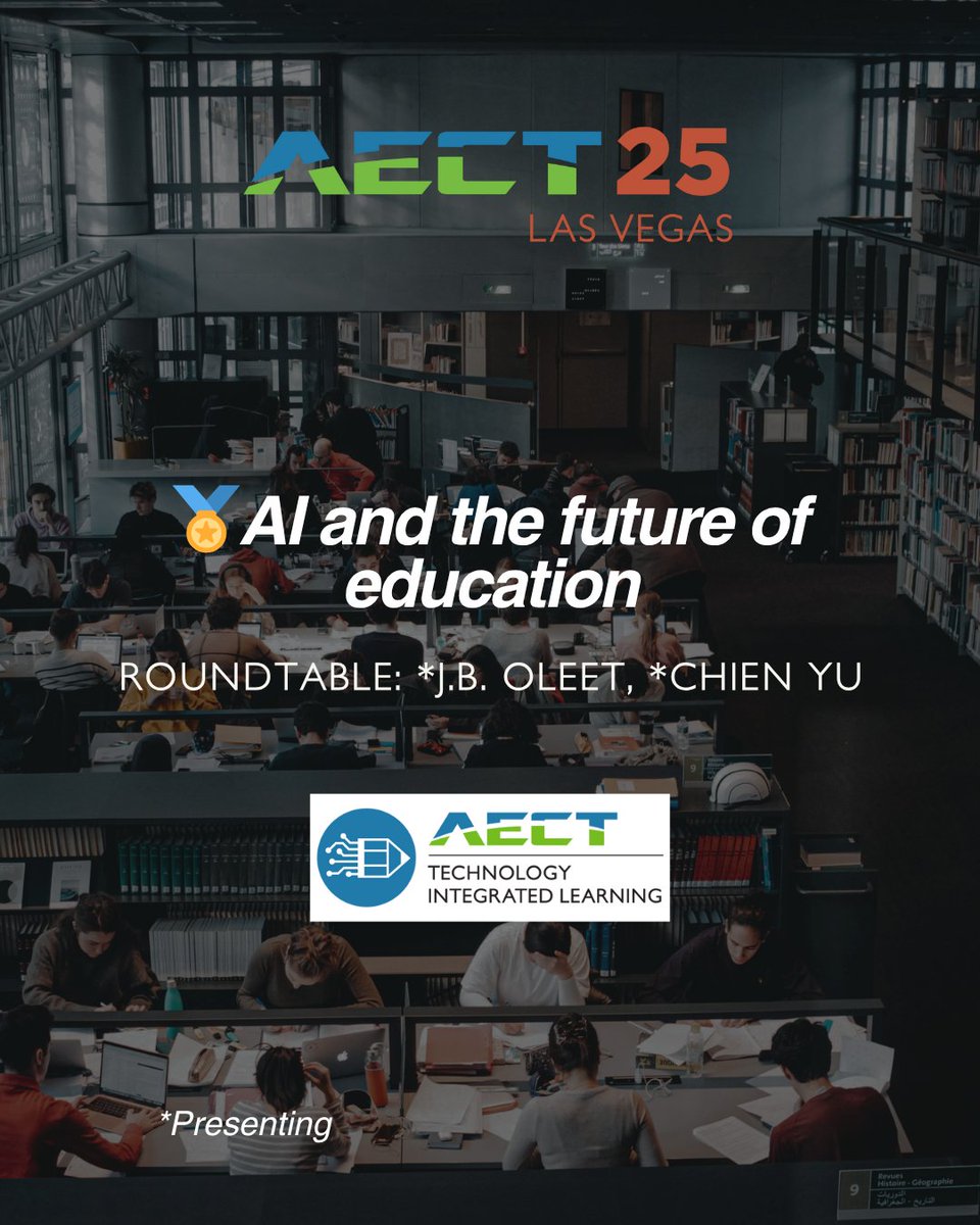 AECT's tweet photo. 📡 The AI frontier is here—and these #AECT25 Presidential Sessions spotlight how it’s reshaping teacher prep, student support, and the future of education itself.

💡 Don’t miss these timely conversations.
👉 Register: https://t.co/gEo0NeTGG3

#EdTech #InstructionalDesign #AECT https://t.co/n318Ibtps2