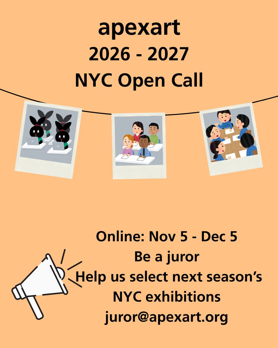 Join our jury and vote for our upcoming NYC season!

Sign up: apexart.org/juror-maker/ju…

For teachers, we have a classroom jury program. Let your students be part of the exhibition process.

Voting is online Nov 5 - Dec 5 11:59pm PST

Email: opencalls@apexart.org for questions
