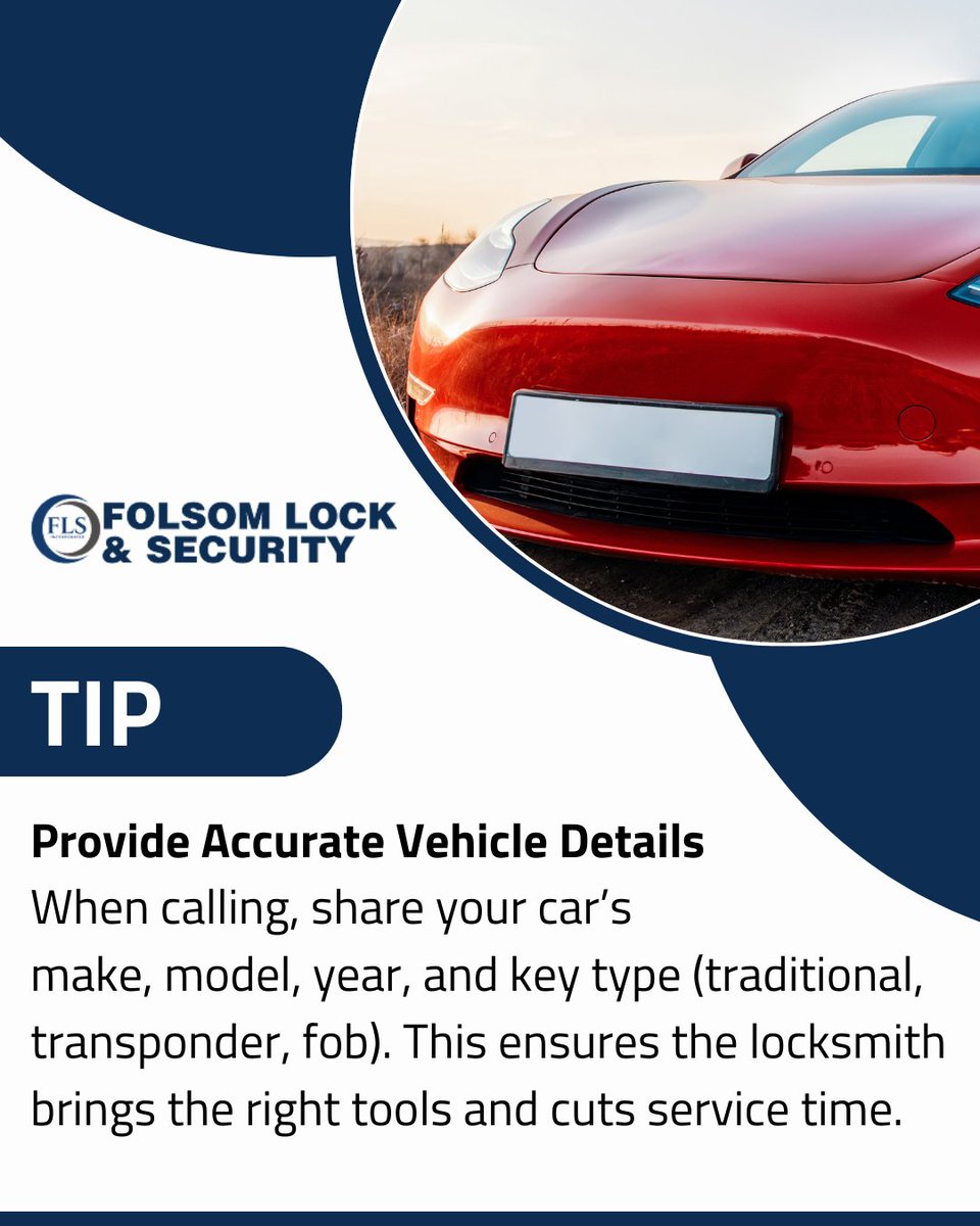 FolsomLocks's tweet image. When calling, share your car’s make, model, year, & key type (traditional, transponder, fob). This ensures the #locksmith brings the right tools & cuts service time.#SecuritySolutions #LockRepair #LockReplacement #CarKeyReplacement #PropertySecurity #Folsomlocks