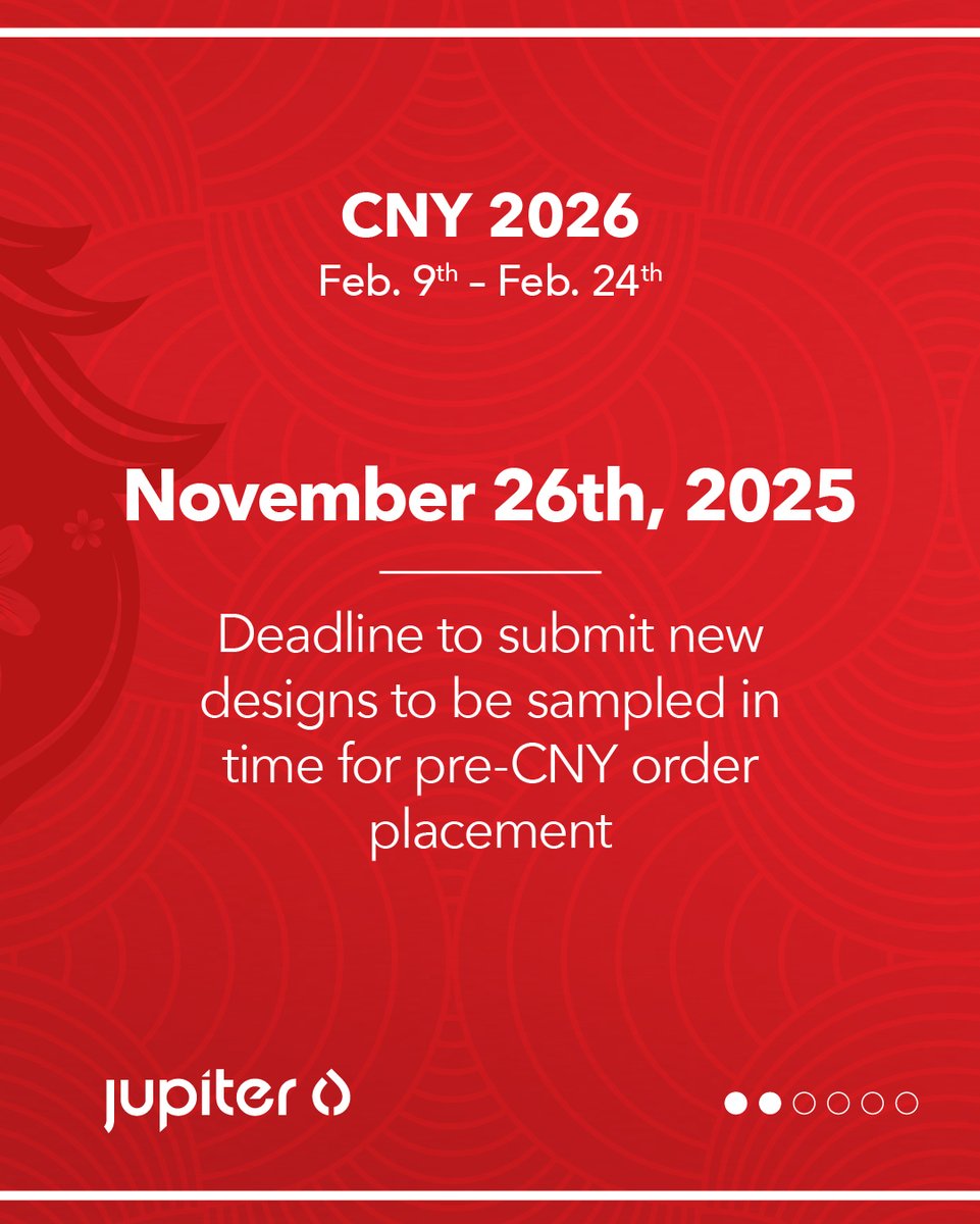 we_are_jupiter's tweet image. CNY is approaching 🧧
Submit new custom designs by November 26, 2025, to stay on schedule. 📅✨

Contact your Jupiter representative or email info@jupiterresearch.com to get started.

#CNY #TrustedSolutions #VapeHardware #Customization #ChineseNewYear