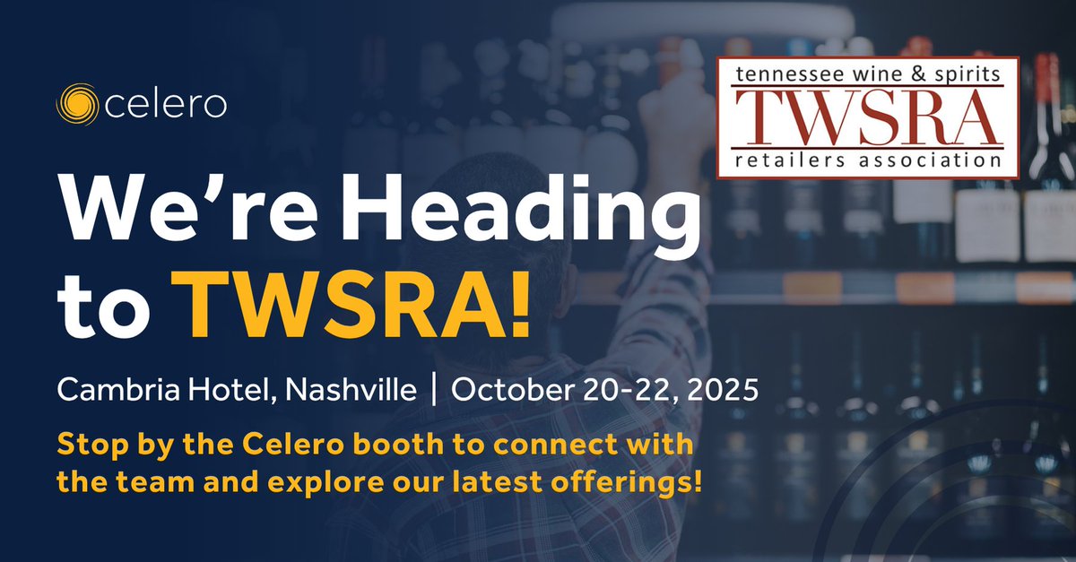 Celero is attending the Tennessee Wine and Spirits Retailers Association 2025 Annual Conference from October 20 to 22! 

Stop by our booth to discuss seamless payments, better technology, and top-tier service.