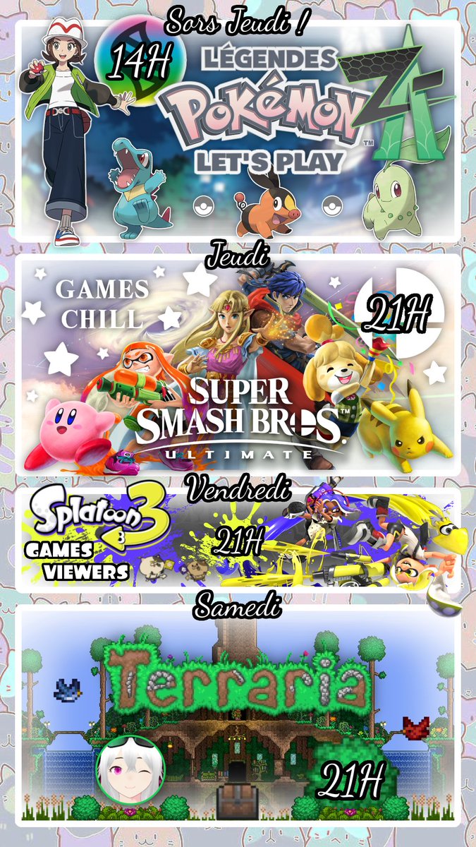 Planning du 13 au 19 octobre !!

Jeudi, sortie de #PokemonZA les gars !!
Ca va taper du Poké sévère pendant plusieurs jours à partir de 14h :3
Un petit #SmashBros aussi qui s'incruste Jeudi soir avec invité IRL !!
Bonne semaine !!

#Splatoon3 #Nintendo #NintendoSwitch2 #Terraria