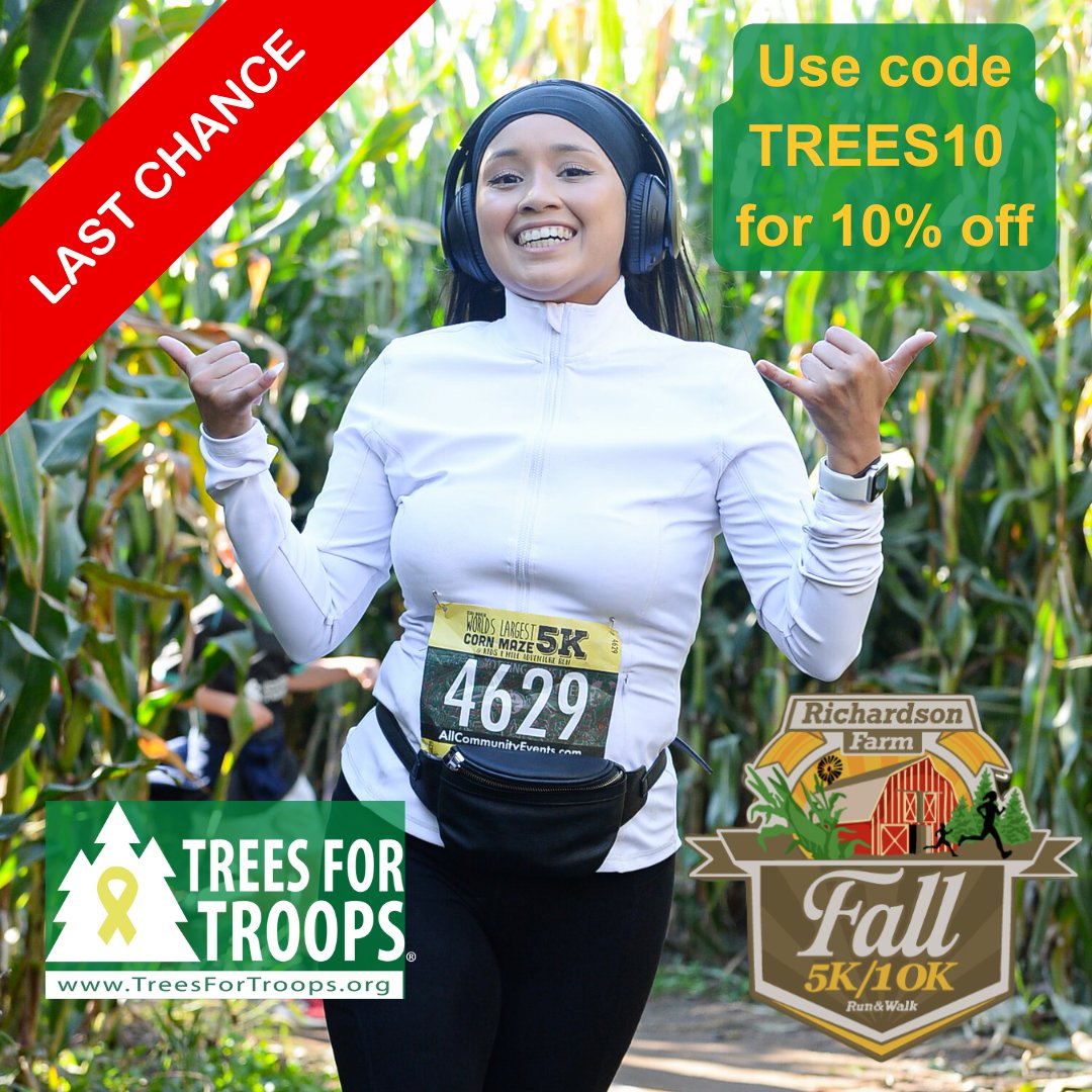 Trees4Troops's tweet image. 🎃 Final call! The Corn Maze 5K/10K is this Sunday at Richardson Adventure Farm.

Use code TREES10 for 10% off. Run through corn, support military families, and race for a reason. 🌽🎄
allcommunityevents.com/cornmaze5k

#CornMaze5K #TreesForTroops #FallFun #RunWithPurpose #HolidayGiving