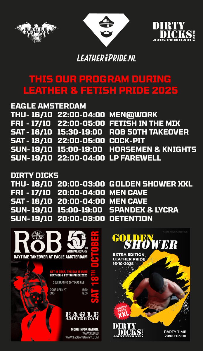Coming up Leather &amp; Fetish Pride 2025 this weekend and at Eagle Amsterdam &amp; Dirty Dicks and we have something great for the diehards, are you dare to come? #leatherpride2025 #amsterdam #leatherpride #gayparty