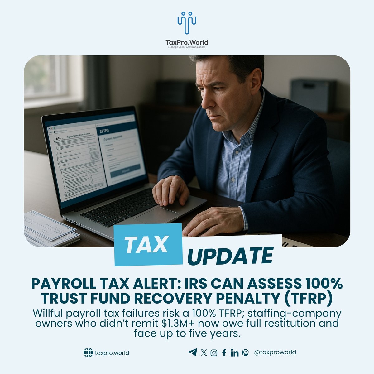 TaxproWorld's tweet photo. TFRP bites hard: willful failure to remit payroll taxes can trigger a 100% personal penalty. Recent staffing case: $1.3M unpaid, restitution agreed, up to 5 years possible.

MinutesCrypto: sync wallets, CPA-ready reports. Start now: https://t.co/kt7F8dT23t

#TFRP #IRS #PayrollTax https://t.co/lk4tkvjCcz