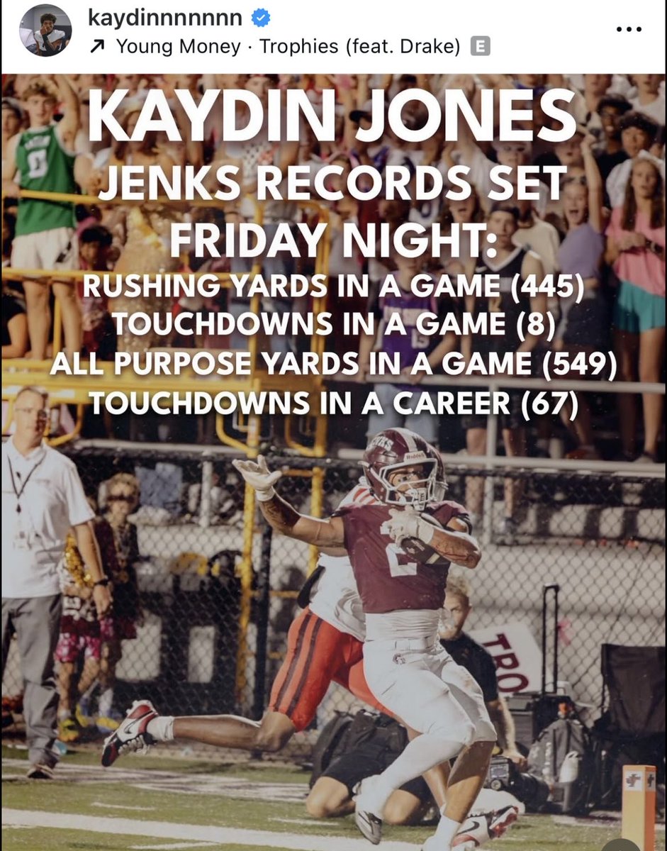 iambryansmith's tweet photo. It’s football time in Oklahoma!
The #callbryansmith player of the Game™️ is Kaydin Jones of the Jenks Trojans!
Record setting game!
RUSHING YARDS IN A GAME (445)
TOUCHDOWNS IN A GAME (8)
ALL PURPOSE YARDS IN A GAME (549)
AY TOUCHDOWNS IN A CAREER (67)
-VYPE Content Partner-
@JenksFootball @jenkstrojans @kaydinjoness @CoachAdamGaylor