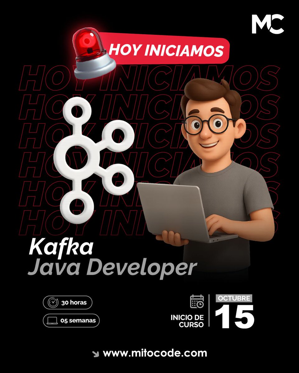mitocode's tweet image. 🚨 HOY INICIAMOS 🚨
¡Hey coder! 🙋🏻♀️🙋🏻♂️. Domina Apache Kafka aprendiendo a procesar datos en tiempo real y crear sistemas escalables 👩🏻💻👨🏻💻
🚨 ÚLTIMA EDICIÓN DEL AÑO: Kafka Java Developer
📆 Inicio: 15 de Octubre
📲 buff.ly/zM1IPSN
.
#mitocode #programacion #tech
