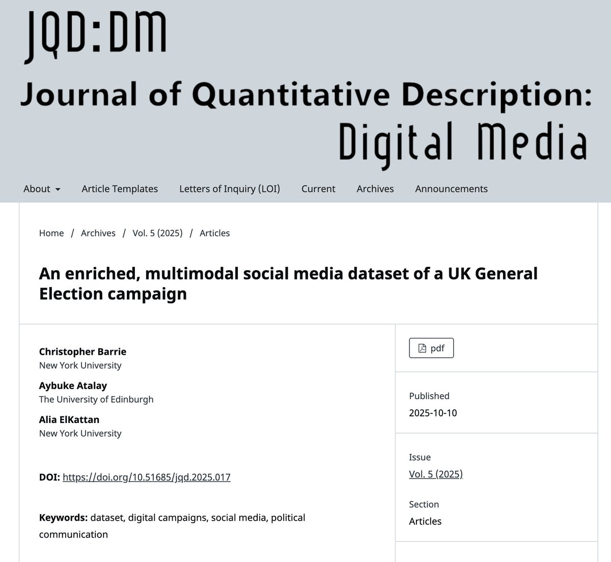 Pleased to see this new dataset article out in JQD. We introduce a dataset of social media posts by *all* candidates in the last UK GE.