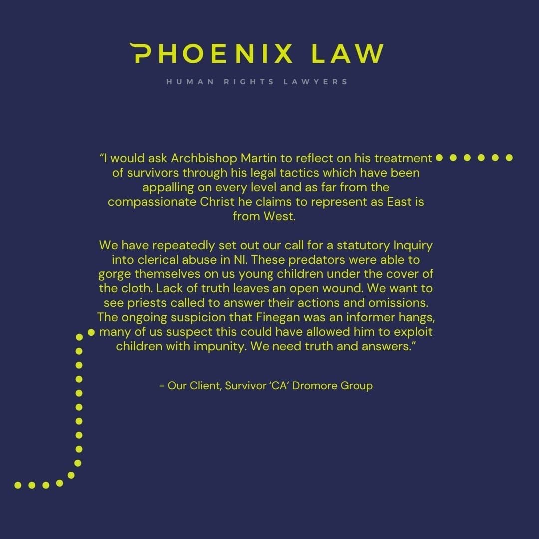 PhoenixLawHR's tweet image. Five actions against St Colmans College paedophile President Fr Finegan abuse cases settled at the doors of the Court. 

Settlements include damages agreed in excess of £1.2 Million and written apologies from Archbishop Martin 
Our @MckeeganClaire &amp;amp; @vichaddock acting  
#abuse