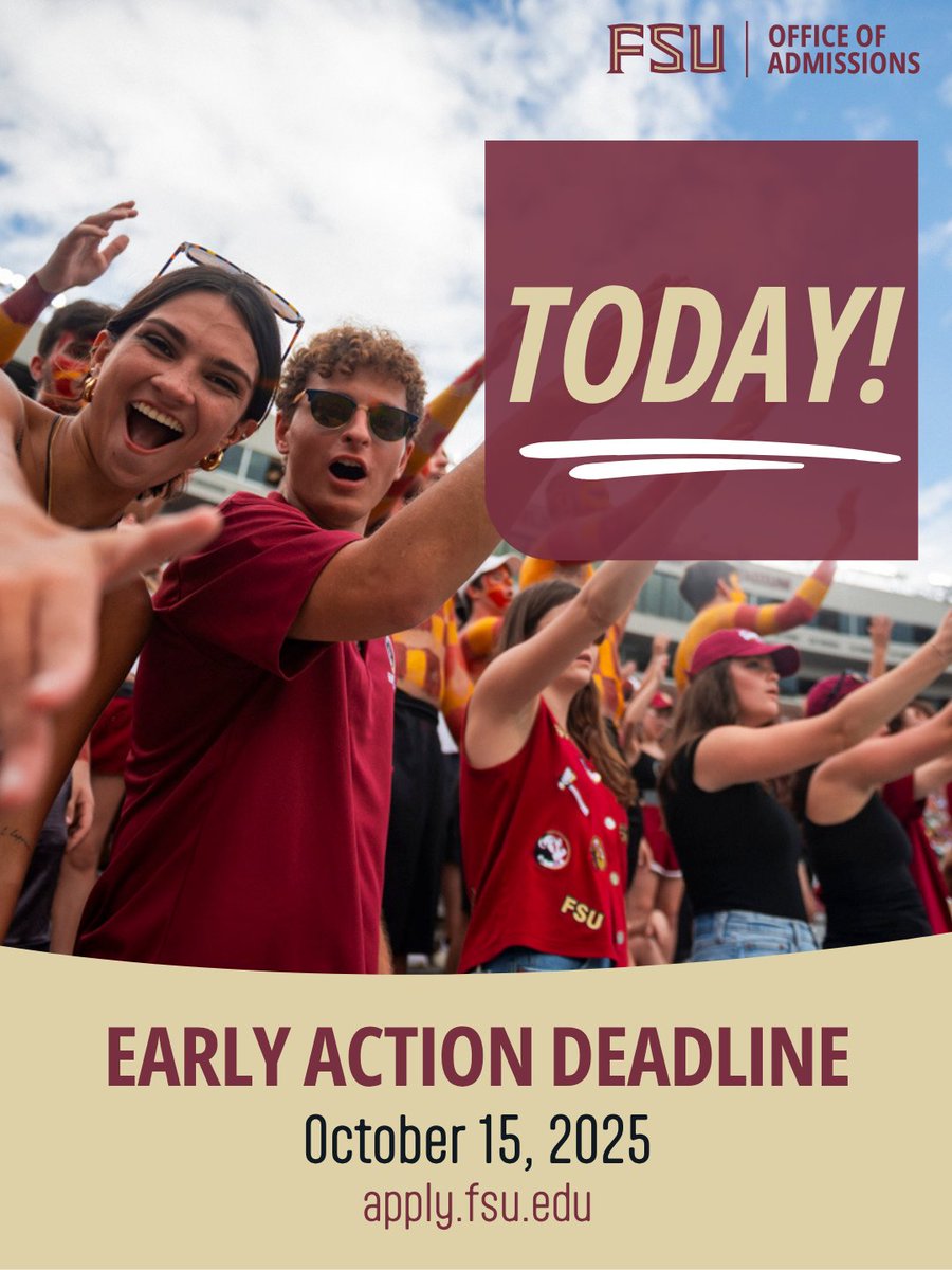 Florida residents: today is the Early Action deadline! ✨

Submit your application by tonight and send all materials by October 22 to receive an admission decision on December 11.

🔗Apply now: admissions.fsu.edu/first-year/app…

#FSU30 #NewNole