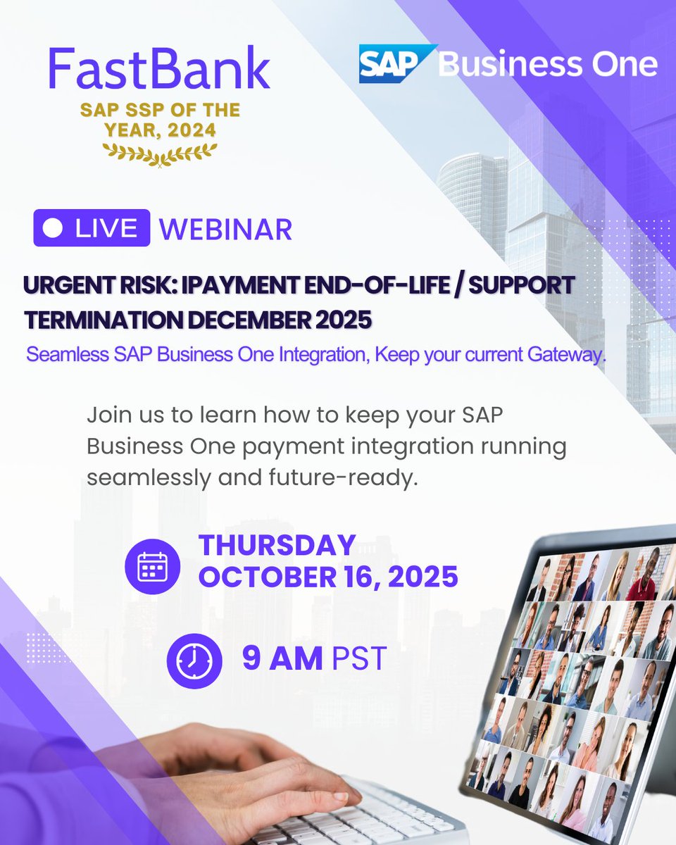 FastBank_io's tweet photo. 🚨 Tomorrow’s the day!
Join our free live session and learn how to keep your SAP Business One payment integration running after the iPayment end-of-life.
🗓️ Oct 16 | 9 AM PST
💻 Last chance to register! https://t.co/iDQ23SaBV0
#SAPBusinessOne #Webinar #FastBank https://t.co/chca4fSBNm