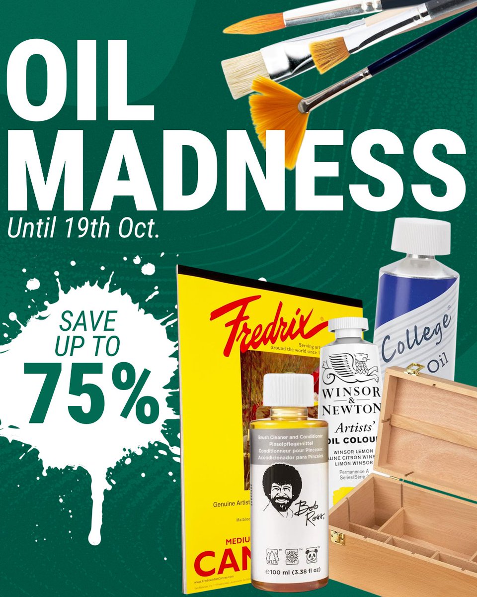 cowlingwilcox's tweet photo. Until Sunday 19th October, save up to 75% on artist-quality oil colours, accessories, surfaces, mediums and MORE in our Oil MADNESS sale!

Head to our bio &amp; discover something new today!

#CowlingAndWilcox #OilMADNESS #OilPainting #ArtSupplies #ArtSale #CreativeEssentials https://t.co/CcmWLb1sQy