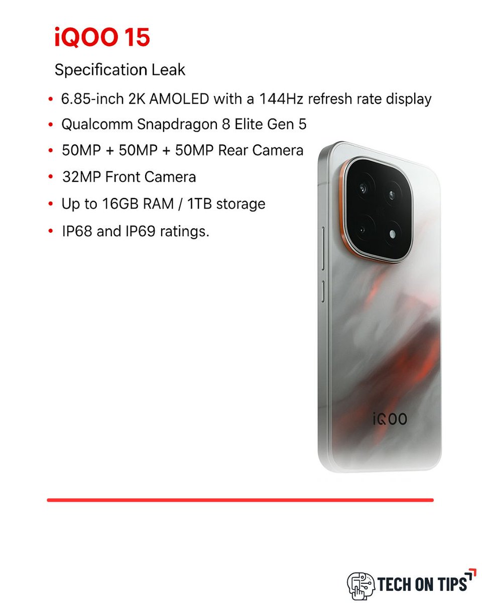 TechonTips24's tweet image. The iQOO 15 drops in China on Oct 20 🇨🇳
2K display 🔥 | 144 fps gameplay ⚡ | Real-time ray tracing 🎮
Mobile gaming just got a serious upgrade.
#iQOO15 #MobileGaming #TechNews #GamingPhone