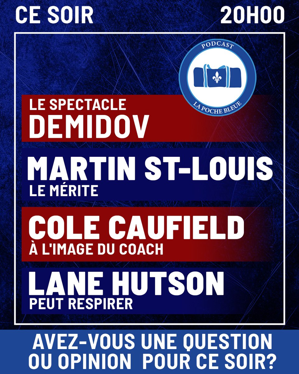 Les collaborateurs sont confirmés, les sujets sont choisis : on est prêts pour un autre gros show! 🔥🏒
Comme d’habitude, on t’attend dès 20 h ce soir en direct sur YouTube pour un nouvel épisode de La Poche Bleue.
T’as une question ou une opinion que tu veux qu’on aborde dans le