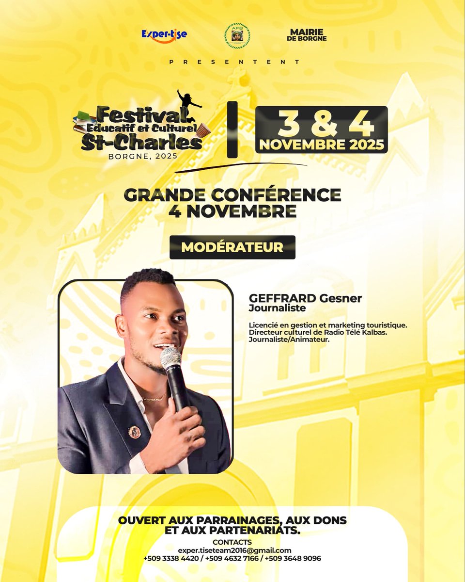 exper_tise's tweet photo. Sen Chal ap pote limyè Oboy ane a! 

Nou kontan anonse w ke Gesner Geffrard konfime pou vin mete anbyans kom mèt Seremoni nan Festival Edikatif ak Kiltirèl Sen Chal Oboy 2025 lan!  

Ann selebre ansanm ak ritm, kè kontan, edikasyon, ak lanmou pou vil nou! 💛🤍

3 &amp; 4 Novanm 2025 https://t.co/rJqJBDzcg7
