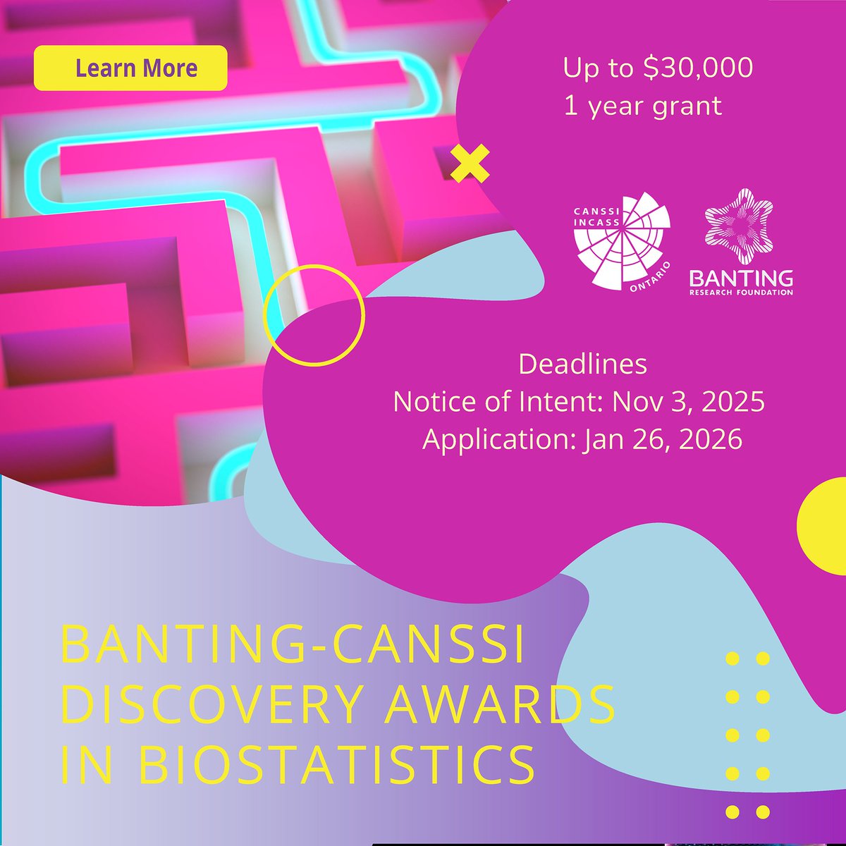 Call for applications for the Banting-CANSSI #DiscoveryAwards in #Biostatistics. 
 
The Award supports new investigators at Canadian universities. TWO Awards are reserved for #Ontario researchers

NOI due Nov 3, 2025.

ℹ️ bit.ly/38HfLXa
<a href="/CANSSIINCASS/">CANSSI - INCASS</a>
 
<a href="/BantingResearch/">Banting Discovery Foundation</a>
