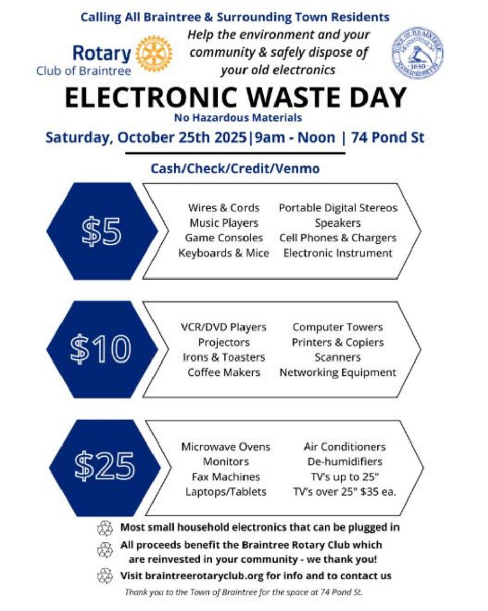 📢 Electronic Waste Day! 

Dispose of your electronics correctly! Drop off your electronics on October 25 from 9 AM to 12 PM at 74 Pond Street. Bring your unwanted devices and help keep our environment clean! 🌱