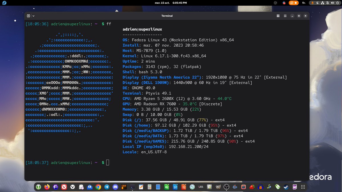 _adriend_'s tweet image. Coucou #Fedora Linux 43 !
Avec #GNOME 49.0 !
Sur le PC fixe oui !
(d'habitude j'attends 1 mois mais y a pas de gros bugs dans ma config)
Le temps de l'upgrade ? 15 minutes !