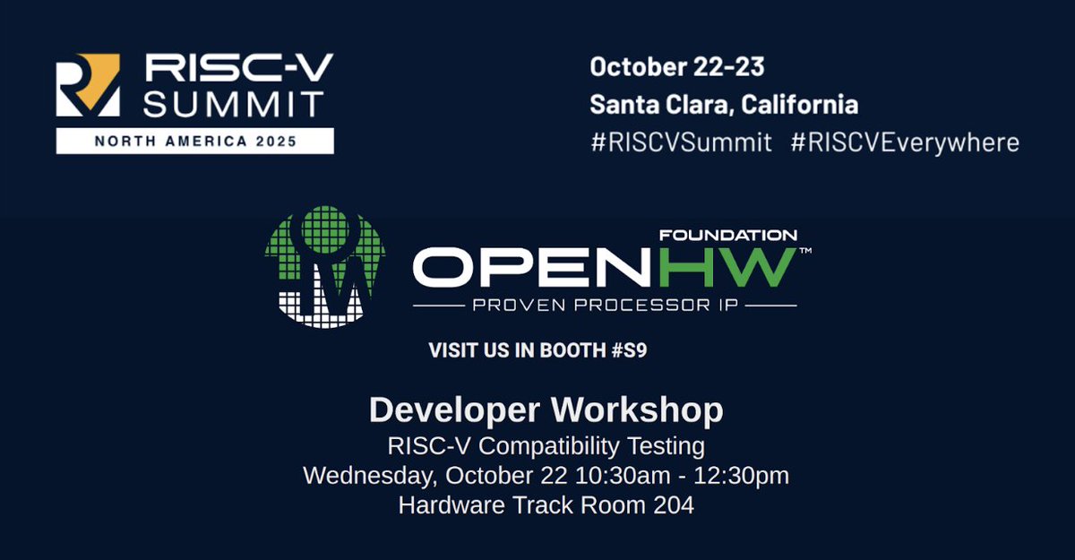 OpenHWFdn's tweet image. Join OpenHW Foundation and Harvey Mudd College for a hands-on RISC-V Developer Workshop covering RISC-V Compatibility Testing.

Bring a laptop with Verilator installed if you want to follow along.

Register now! hubs.la/Q03NKp1Z0

#OpenHW #RISCV #RISCVSummit #developer