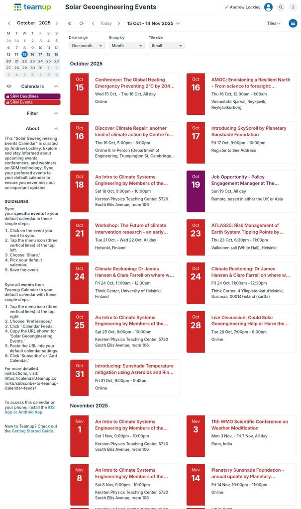 geoengineering1's tweet image. 🚨Solar Geoengineering Events🚨

The upcoming #SRM events lineup spans a wide range, from discussions on #AMOC &amp;amp; #tippingpoints to climate repair initiatives, sunshade innovations &amp;amp; governance workshops shaping the future of SRM research &amp;amp; policy.

teamup.com/ks64mmvtit583e…

🧵1/4