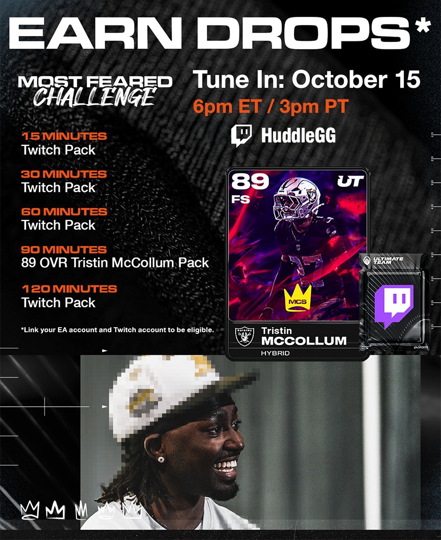 Tonight’s gonna be crazy 😤

Join our MCS Most Feared Challenge Watch Party to earn free Twitch packs and the new 89 OVR Tristin McCollum while watching with us!

Stream starts at 6 PM ET and runs until a champ is crowned 👑

#SponsoredByEA