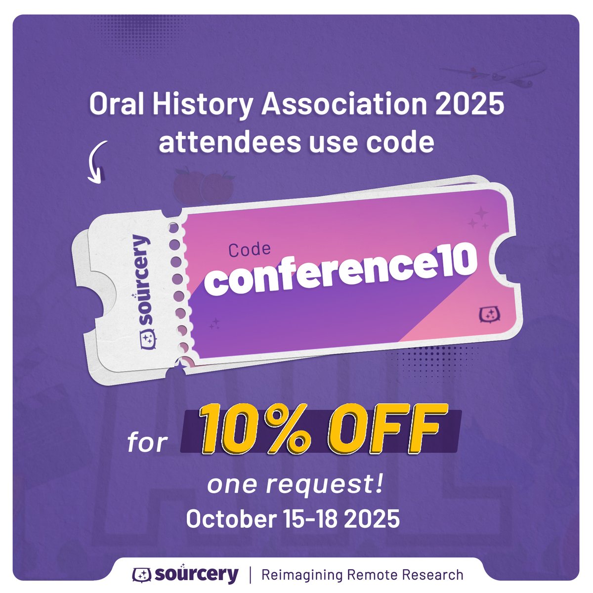 sourcery_app's tweet image. Oral History Association Annual Meeting attendees can enjoy 10% off one request using the code conference10! ✨
🔮 Visit us in the exhibit hall to learn more about Sourcery 🔮
#OHA2025