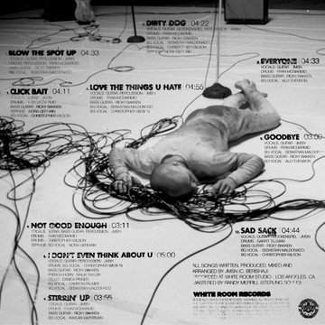 First image displays a black-and-white artistic installation on a dark stage with overhead lights, featuring a central white circular structure from which multiple arm-like appendages with hands extend outward in a radial pattern, suspended by chains. Second image shows a white album cover back with handwritten-style tracklist including song titles such as Dirty Dog at 4:22, Blow the Spot Up at 3:43, Love the Things U Hate at 4:55, and credits for vocals bass and production by JMSN and others, noting all songs written produced and arranged by Christian Berish. Third image depicts a bald shirtless man with tattoos in white pants lying posed on the floor surrounded by the same radial arm structures, with a drum set visible nearby and cables strewn about in a studio setting. Fourth image presents the album front cover with the title its only about u if you think it is, track durations listed, and a small photo of the artist performing on stage with band members and the limb sculpture in background, produced by Mixed & Mastered in LA.