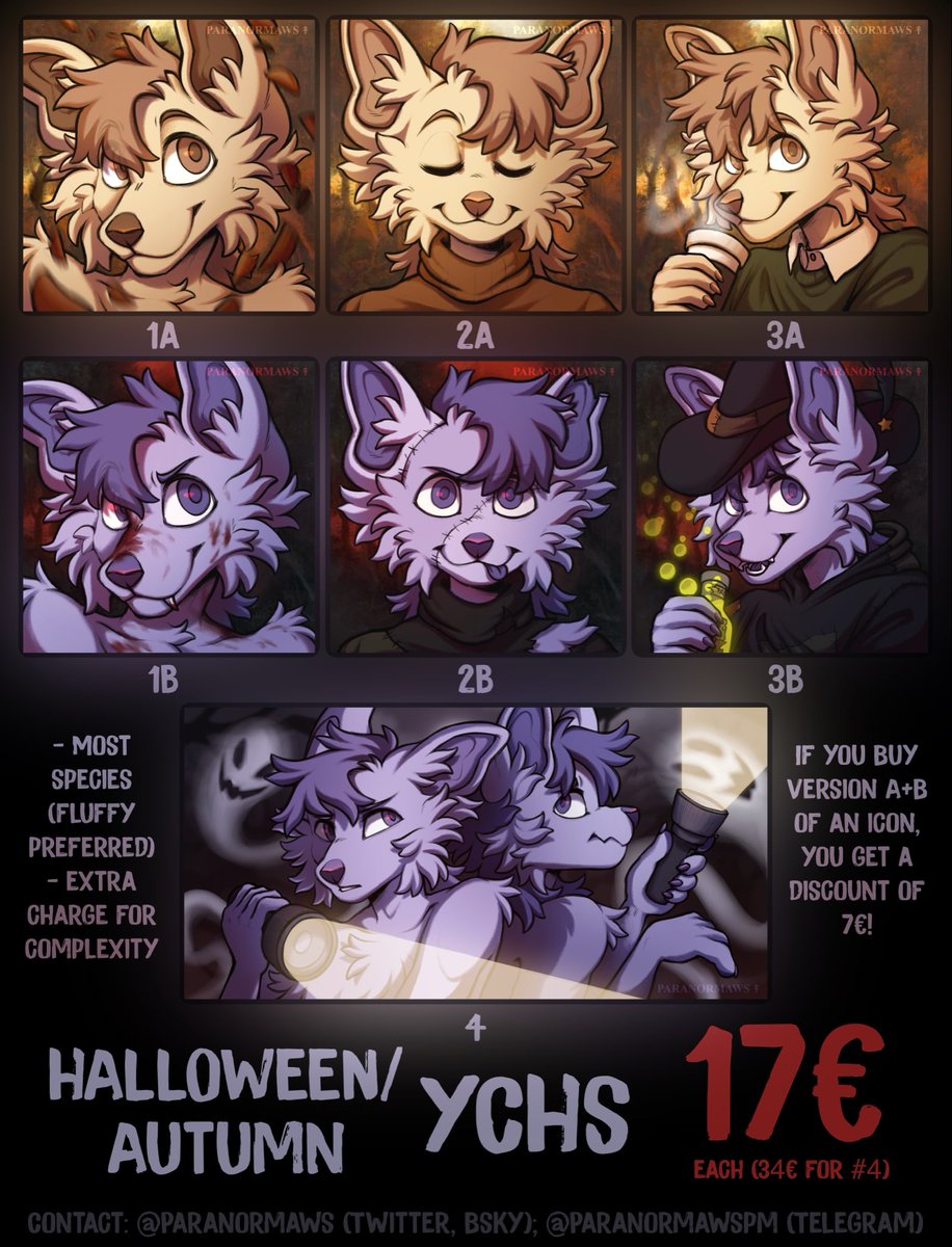 🎃👻🍂 HALLOWEEN / AUTUMN YCHS 🍂👻🎃

1️⃣7️⃣€
each! (34 for #4)

‼️ If you buy both version a+b of an icon, you get a 7€ discount! ‼️

More information in the picture below. 
DM or comment to claim! 🧡
Reopening these from last year due to high demand :)
(🔁 very appreciated &lt;3)
