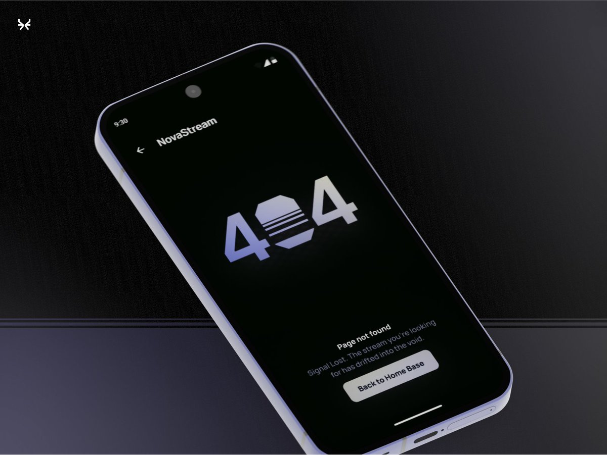 icarusap's tweet image. Daily UI 008 – 404 Page
404 screen for NovaStream, a futuristic streaming platform with synthwave retro vibes.
Clean, glowing interface with bold 404 state &amp;amp; clear CTA. Designed in 50 mins ⚡
#DailyUI #DailyUI008 #UIDesign #404Page #DarkModeUI #SynthwaveDesign #FuturisticUI