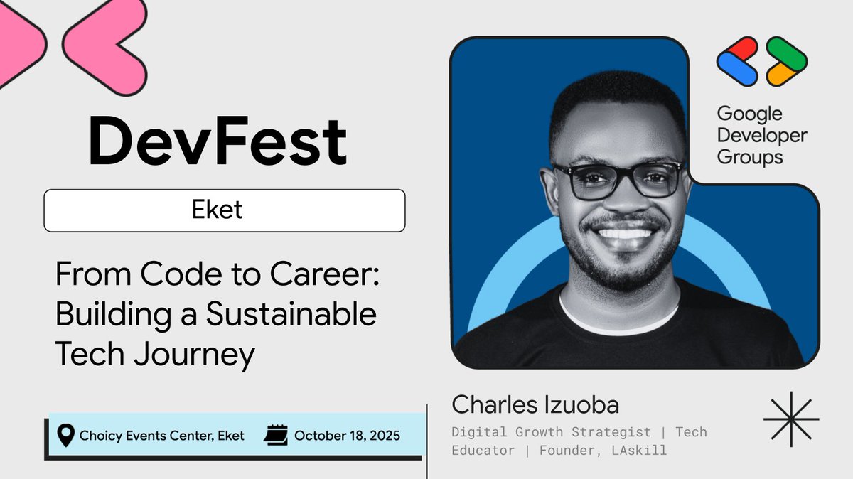 gdg_eket1's tweet image. Meet Charles Izuoba, Founder of LAskill, a digital growth strategist passionate about helping devs and creators turn their skills into real-world impact.

In his session, he’ll be dropping solid alphas on how to build a tech career that lasts beyond code. 🚀

#Code #CareerTips