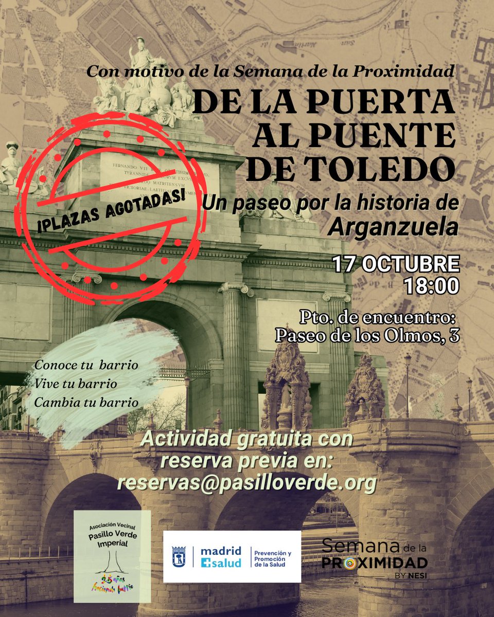 #SemanadeProximidad
"DE LA PUERTA AL PUENTE DE TOLEDO: un paseo por la historia de #Arganzuela"

Viernes 13 octubre
con <a href="/madridsalud/">Madrid Salud. Ayuntamiento de Madrid</a>