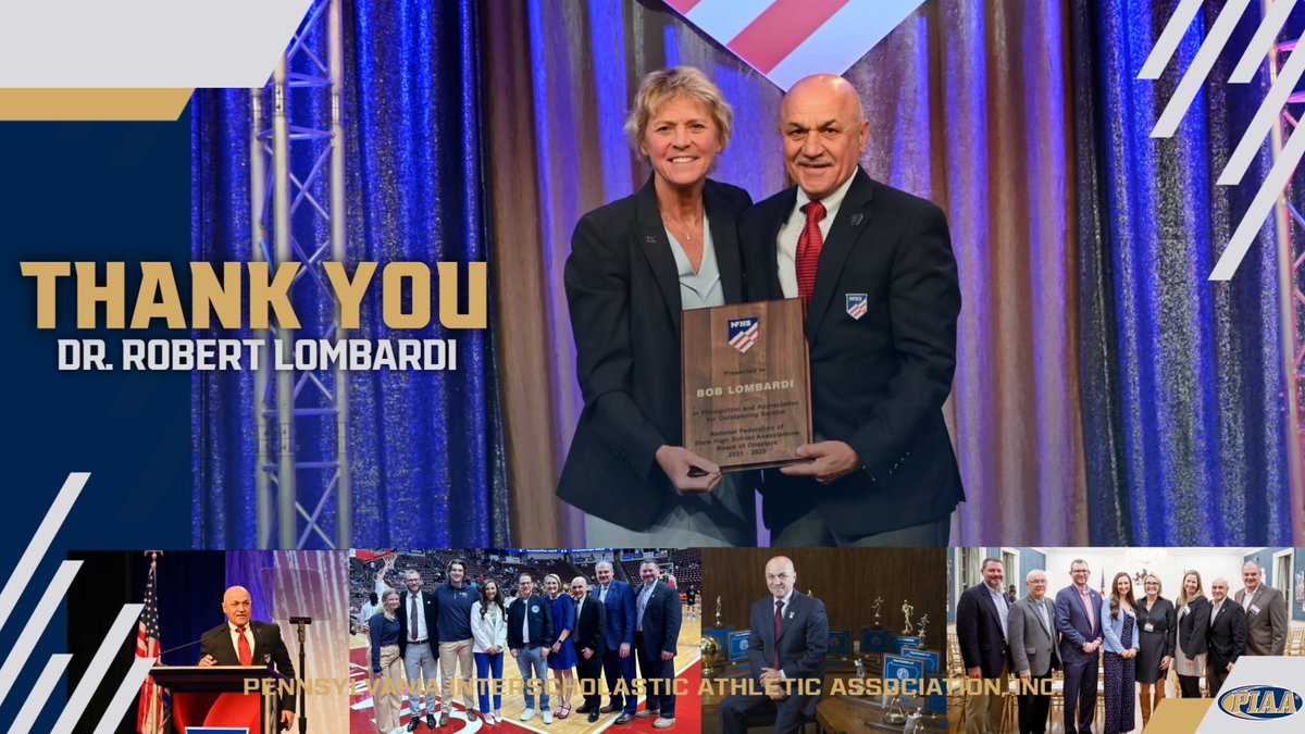 PIAA Executive Director Dr. Robert Lombardi announces retirement.

Dr. Lombardi spent 37 years with the PIAA and was the first <a href="/NFHS_Org/">NFHS</a> President from Pennsylvania.

We thank Dr. Lombardi for his many years of leadership!

Release➡️piaa.org/assets/web/doc…