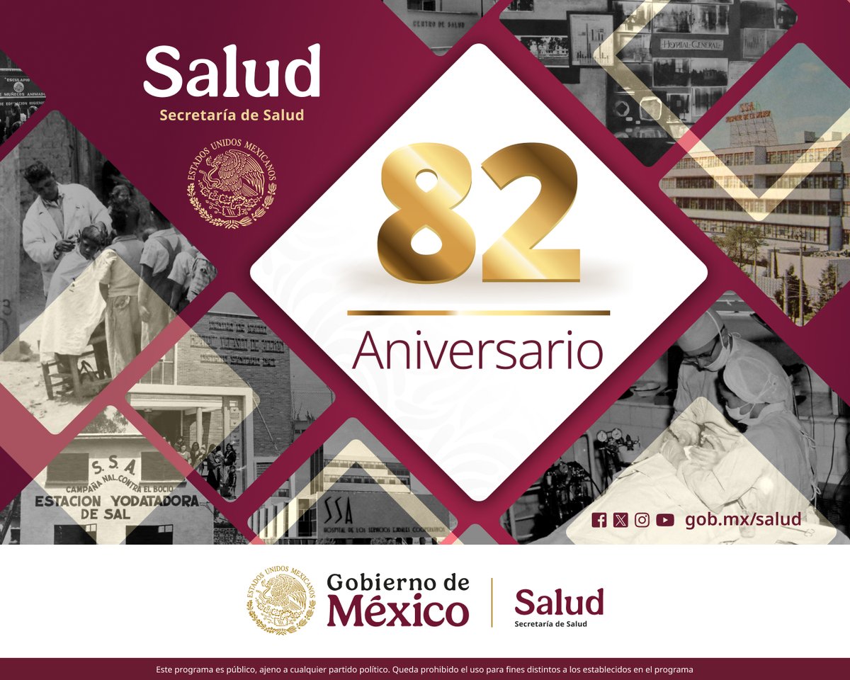 15 de octubre | 82° Aniversario de la Secretaría de Salud 🏥

Desde 1943, la Secretaría de Salud ha trabajado con entrega, conocimiento y humanidad para construir un país más sano. 🇲🇽🩺

Hoy celebramos un legado institucional y renovamos nuestro compromiso con lo más valioso: la
