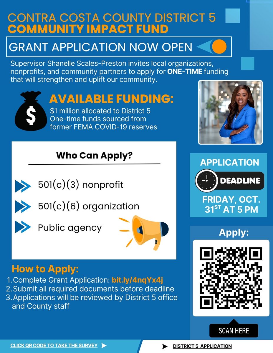 Applications are OPEN for the District 5 Community Impact Fund!  

Supervisor Shanelle Scales-Preston announces $1M in grants for local nonprofits, orgs, and public agencies in District 5.

Apply by Oct 31st by 5pm⏳  
👉 bit.ly/4nqYx4j

#CommunityImpactFund