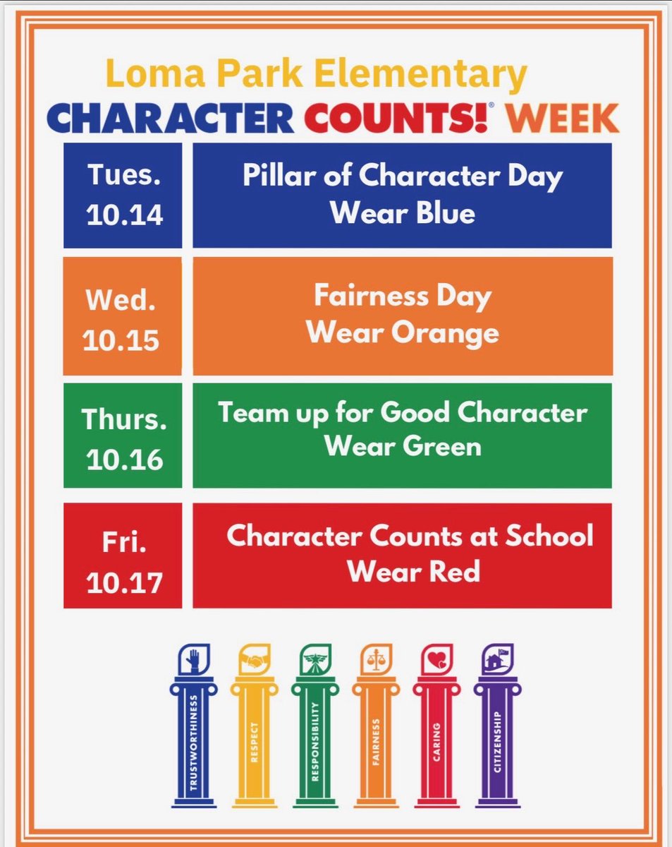 Loma_counseling's tweet photo. This week we’re celebrating Character Week by wearing colors that represent each pillar of good character! From fairness to responsibility, our students are showing their values loud and proud—one color at a time. #CharacterCounts #CharacterWeek #PillarsOfCharacter https://t.co/kSRp41Bune