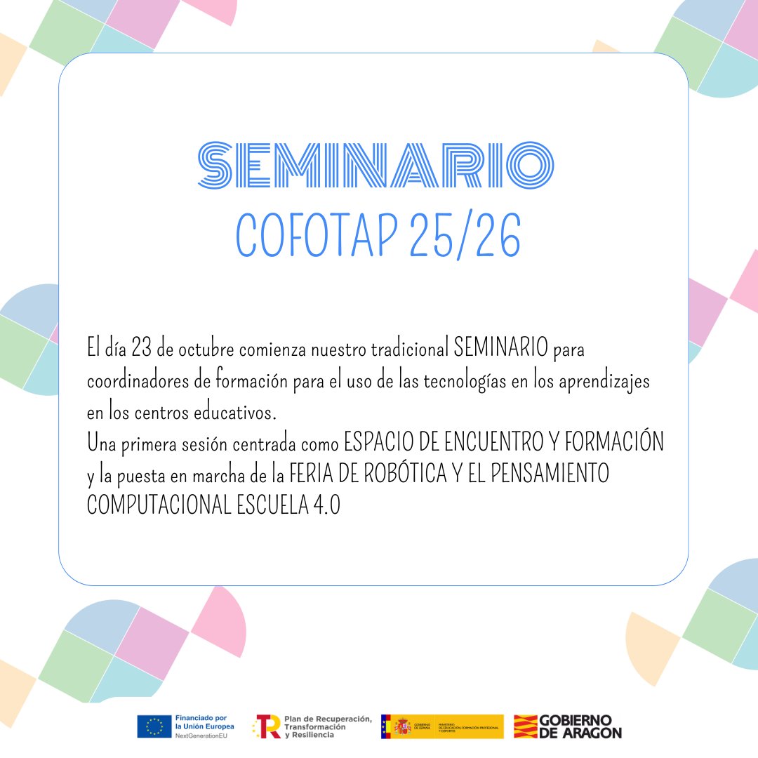 Os informamos desde el equipo CDD que ya está puesto en marcha el seminario COFOTAP de este año. La primera sesión será el 23 de octubre y en DOCEO tenéis disponible la inscripción asociada a vuestros Centros de Profesorado de referencia.